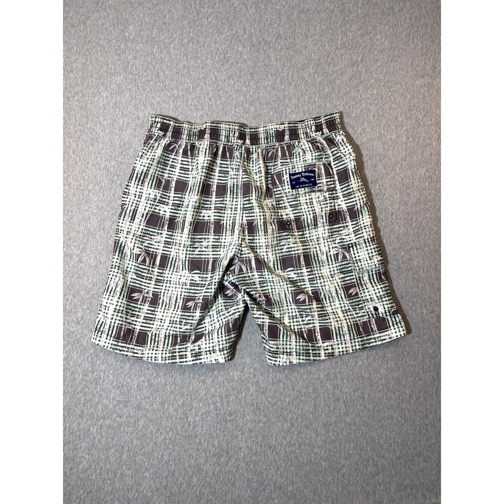 Tommy Bahama Swim Trunks Men's Large Tropical Aqua Grey Plaid Board Shorts Liner